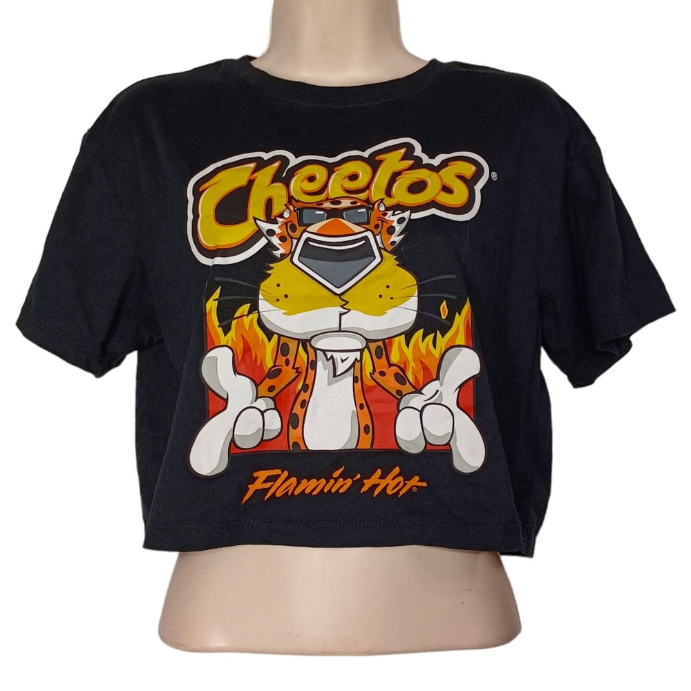 CHEETOS Flamin Hot Chester Graphic Print Short Sleeve Crop Black T Shirt Small